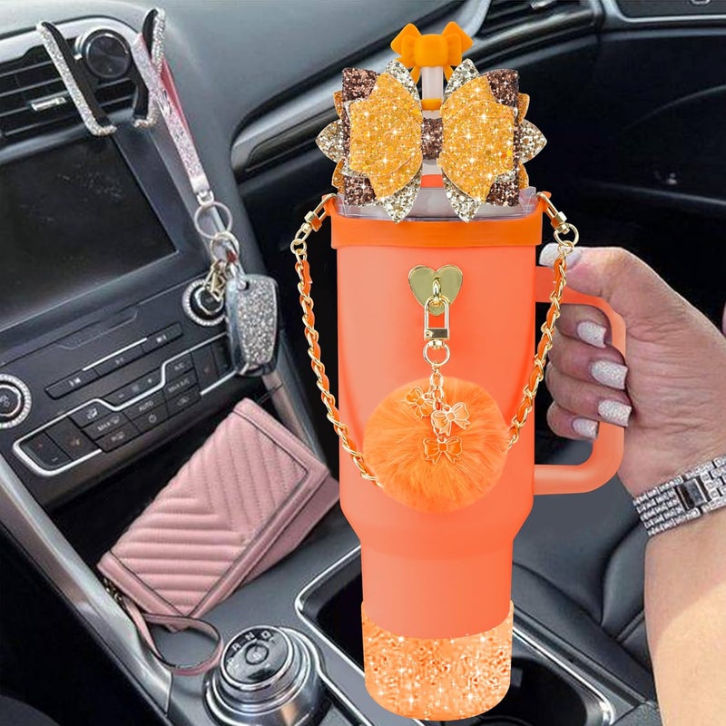 SEMATA Bling Accessories for Stanley Cup 40oz & 30oz Tumbler Including Silicone Cute Bow Straw Topper Cover, Silicone Boot for Stanley Cup,Leather Water Bottle Handle Strap, Charms(Passion Orange) - Image 5